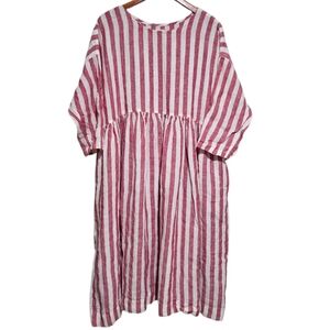 Meg by Design Oversized Linen Dress in Red/White Stripe Size Small